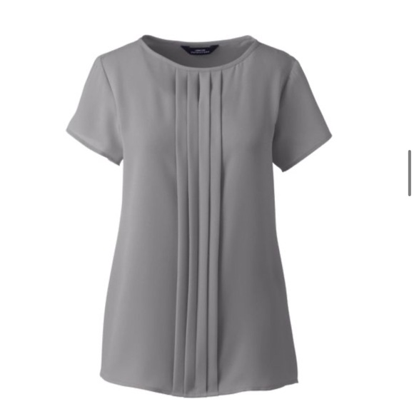 Lands End- Women's Short Sleeve Pleated Keyhole Crepe Blouse- Grey - Picture 8 of 8